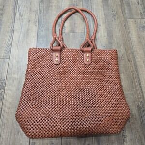 Abro Brown Woven Leather Tote Bag Braided Handle Large Shoulder Bag Coastal Boho